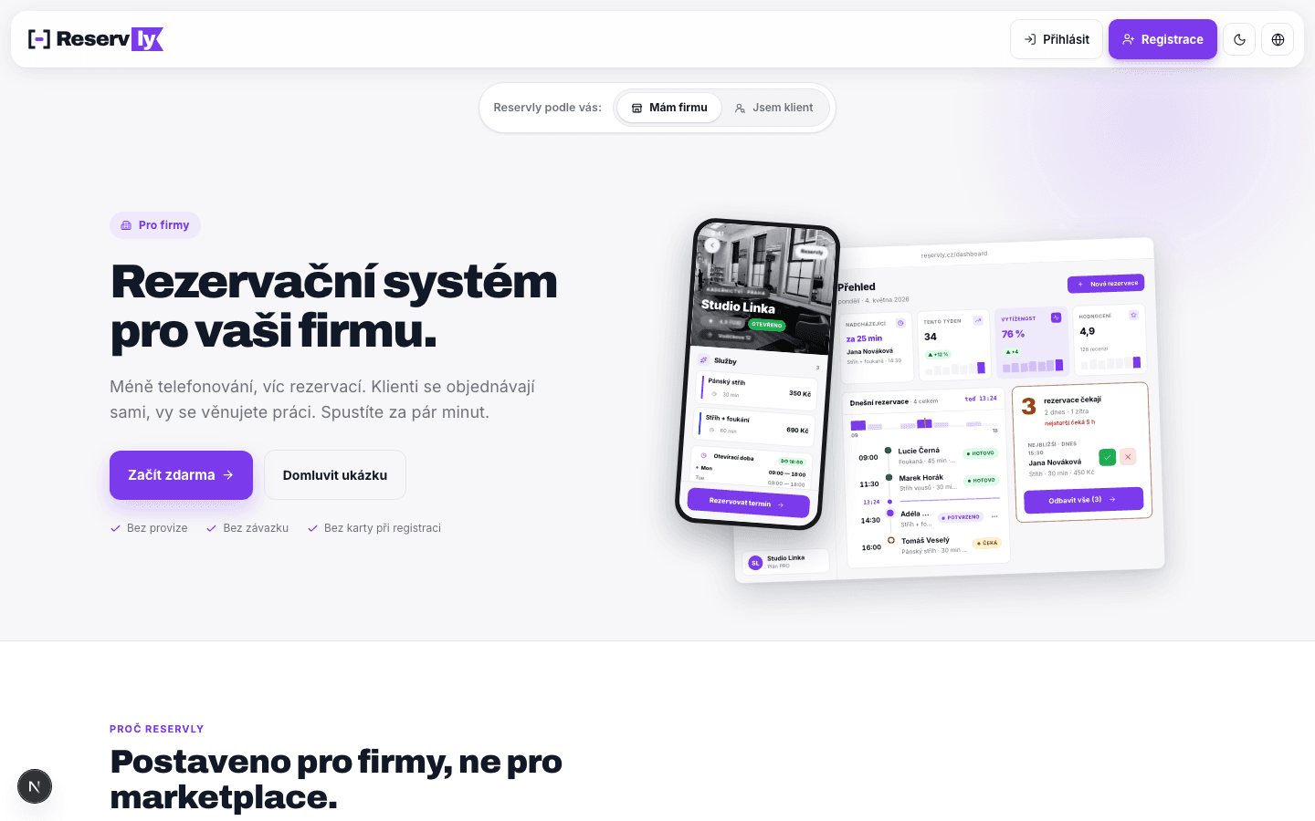 Hlavní stránka Reservly: branding vlevo, ukázka rezervačního dashboardu vpravo, hlavní CTA „Začít zdarma".