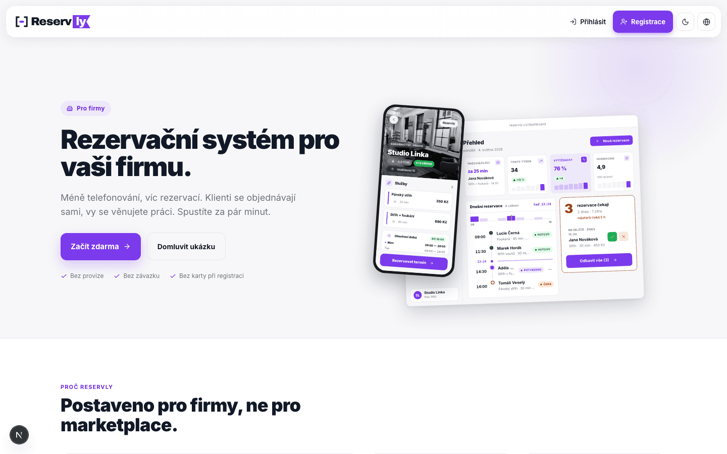 Hlavní stránka Reservly: branding vlevo, ukázka rezervačního dashboardu vpravo, hlavní CTA „Začít zdarma".