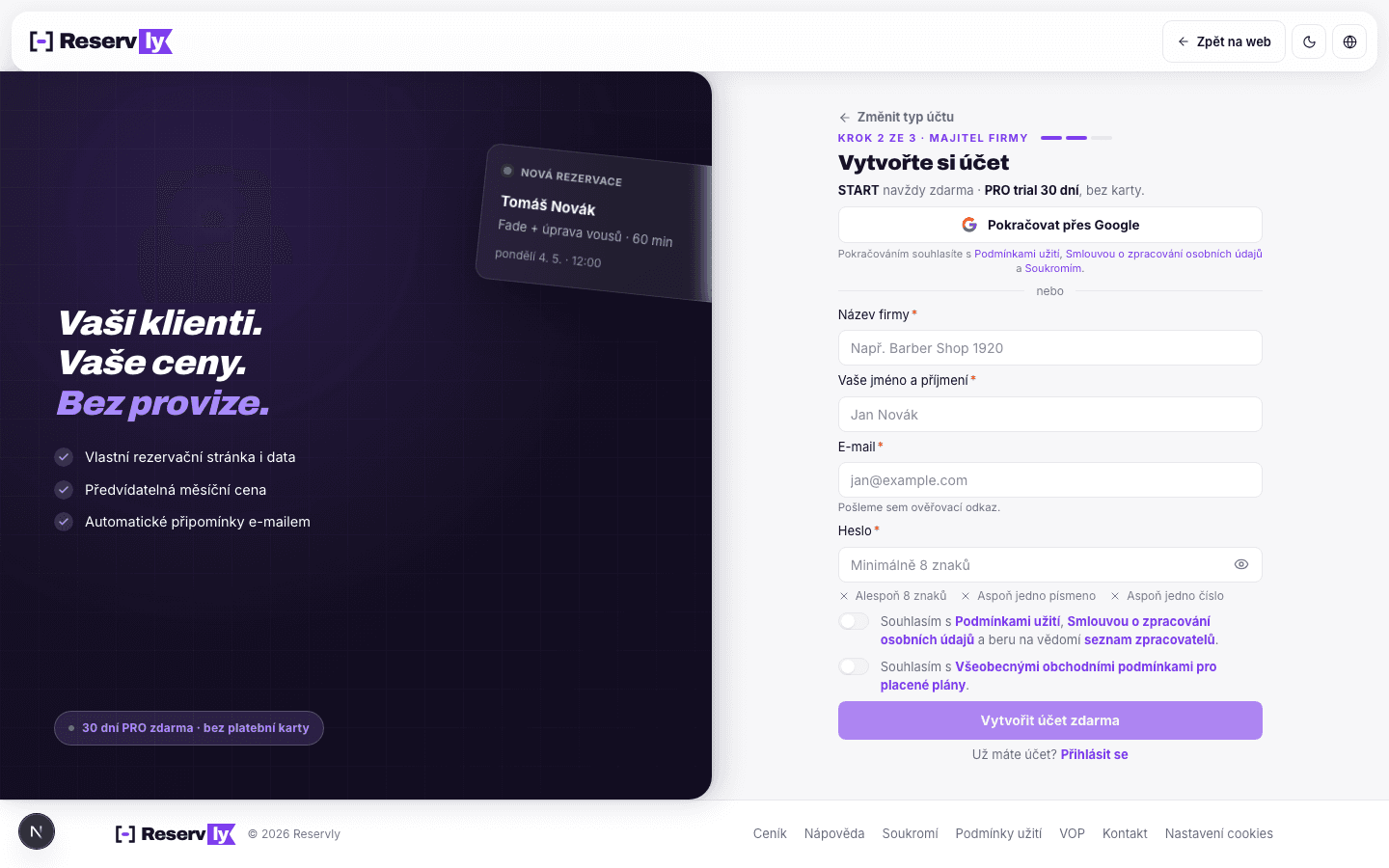Stránka /register/business: vlevo branding panel s referencí od salonu, vpravo formulář se jménem firmy, kontaktem, heslem a souhlasy s podmínkami.