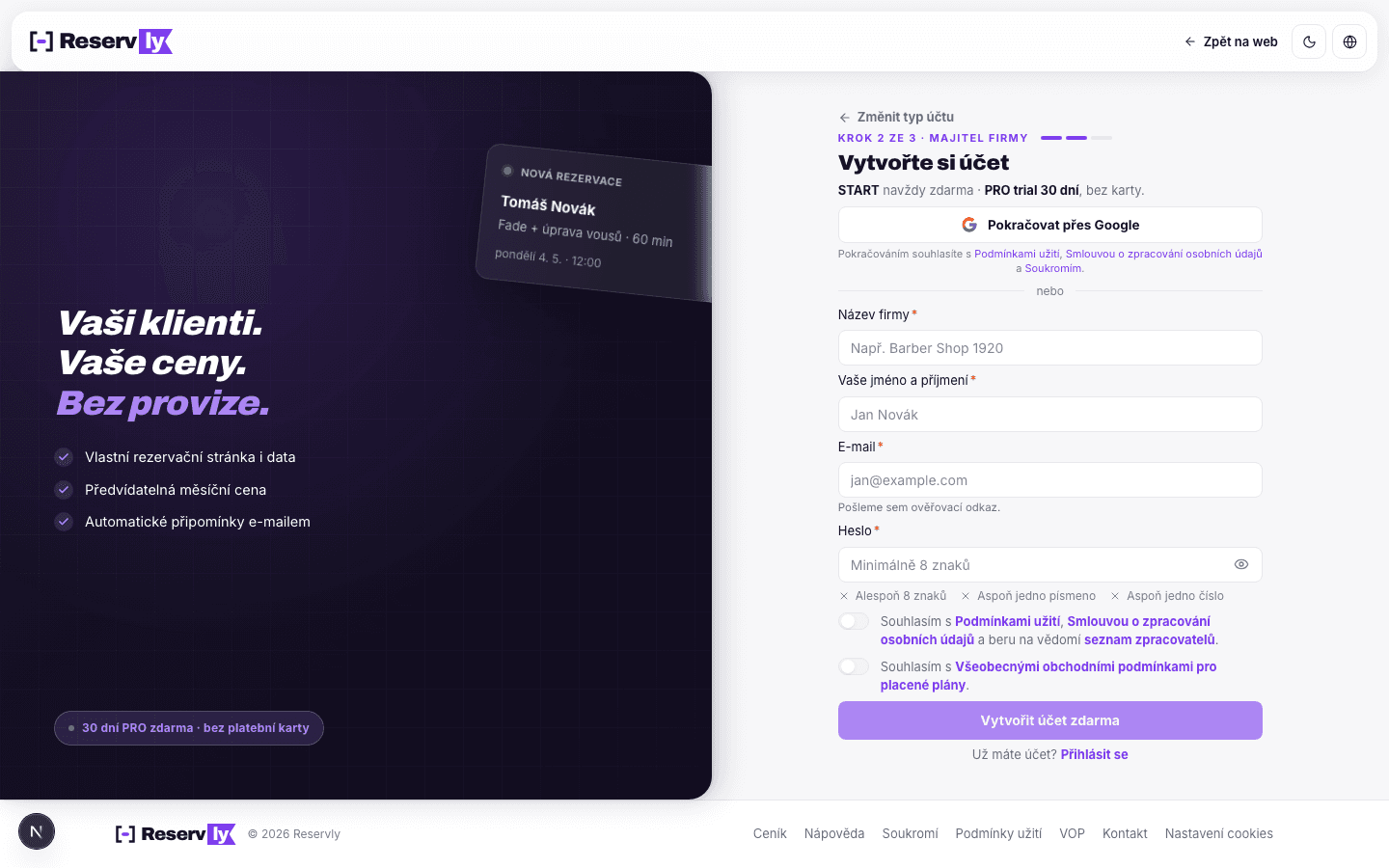 Stránka /register/business: vlevo branding panel s referencí od salonu, vpravo formulář se jménem firmy, kontaktem, heslem a souhlasy s podmínkami.