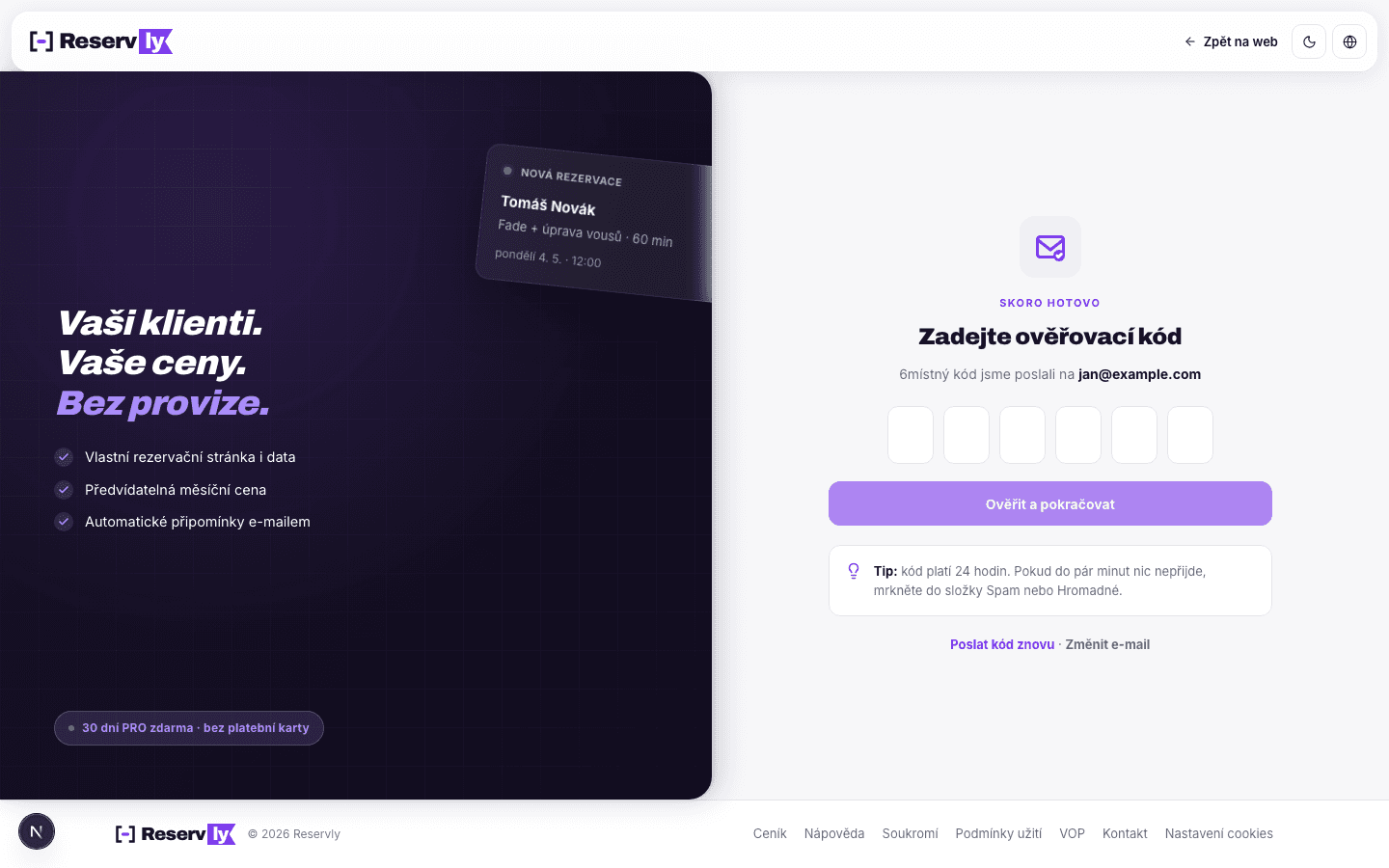 Stránka pro zadání ověřovacího kódu: šest políček pro šestimístný kód, pod nimi tlačítko „Ověřit a pokračovat" a odkazy na opětovné poslání kódu nebo změnu e-mailu.